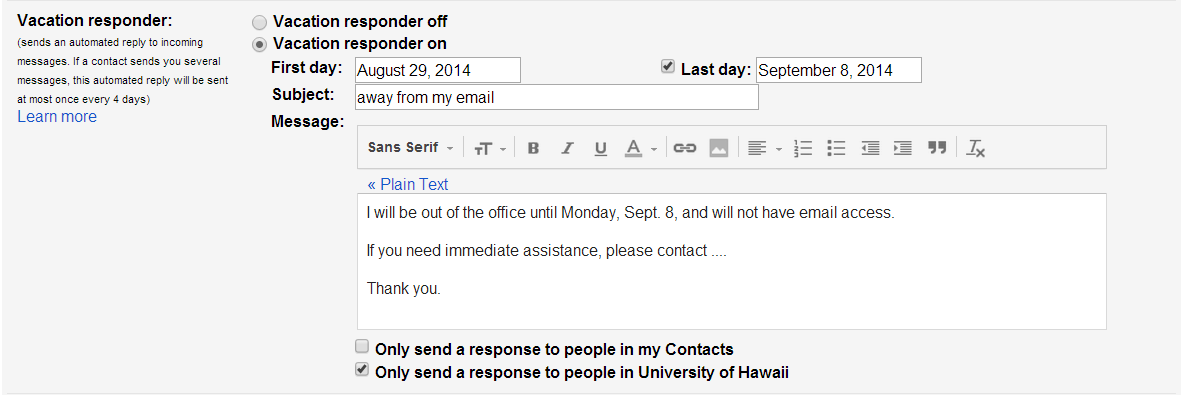 vacation responder example